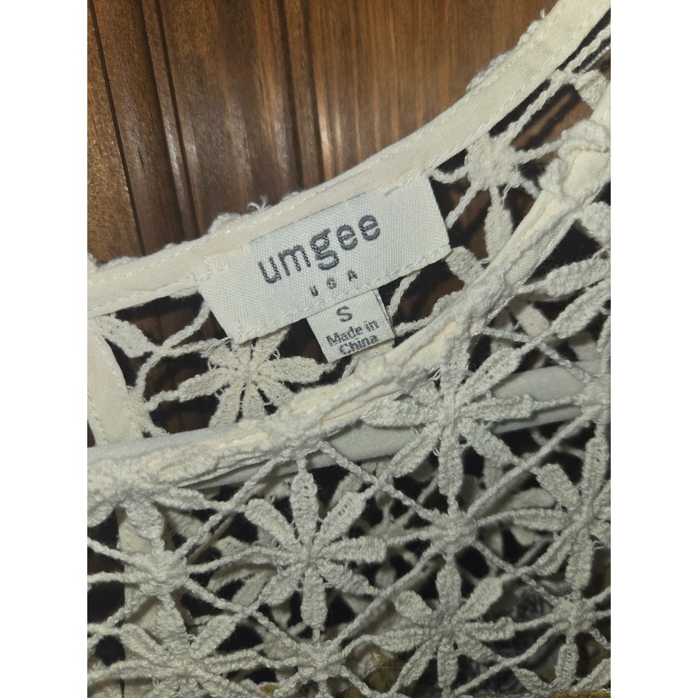 Umgee Mustard Floral Crochet Lace Boho Blouse Bell Sleeve Ruffle Hem A2964 Small - Picture 4 of 5